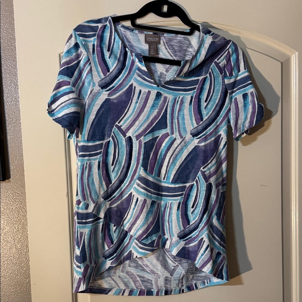 Chico's Blue and Purple Patterned Short Sleeve Top L